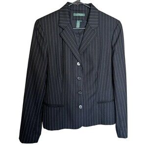 Lauren Ralph Lauren Blazer Women's Size 12 Pinstripe Wool Pockets Career Black